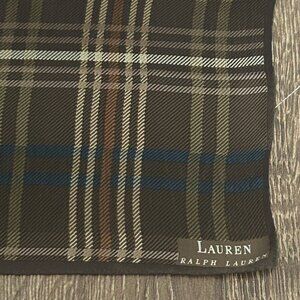 Lauren Ralph Lauren Brown Plaid Silk Scarf Classic Design w/Blue Accents 21"x21"